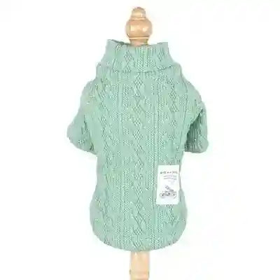 Mint green cable knit turtleneck dog sweater on wooden mannequin