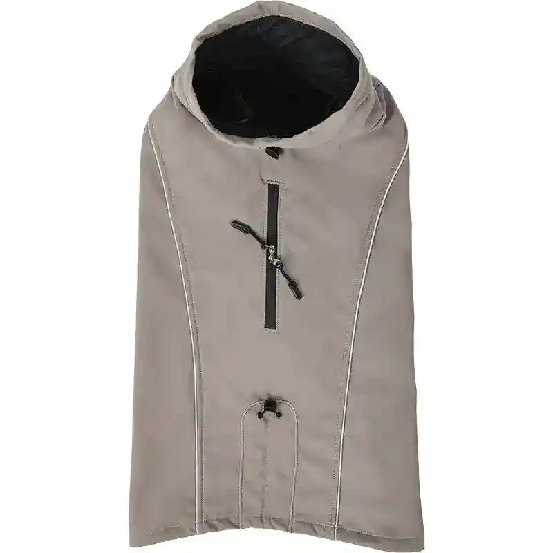 Taupe softshell bike jacket with hood, reflective piping, and front zipper pocket on white background