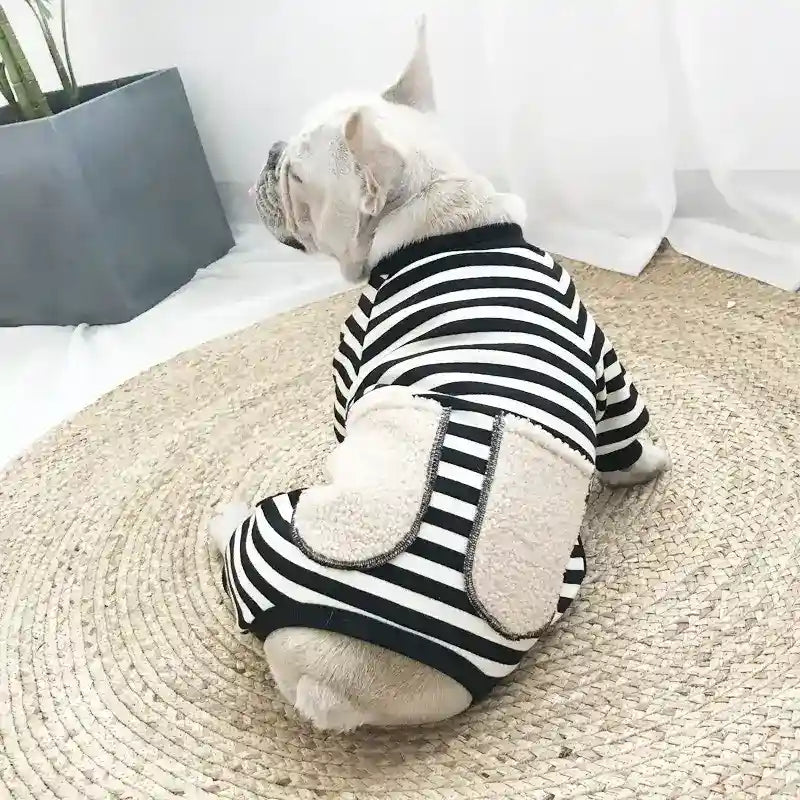 French Bulldog wearing black and white striped dog sweater with wool patches sitting on woven round rug indoors