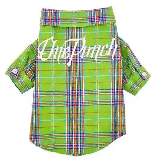 Green plaid dog shirt with rolled sleeves and white OnePunch logo on back