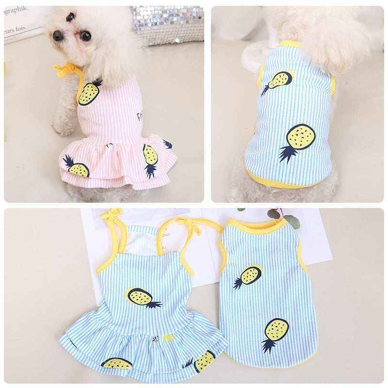 Small white dog wearing pink pineapple print dress and blue pineapple print tank top outfits for pets