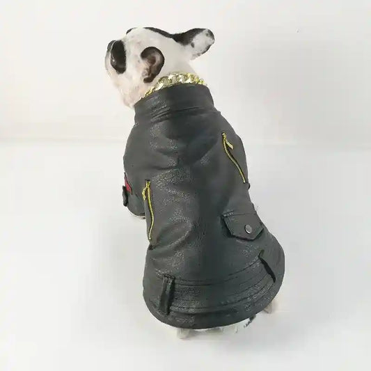Giacca in Pelle per Bulldog - Stile Rock con Tasche e Zip - Dog Moda
