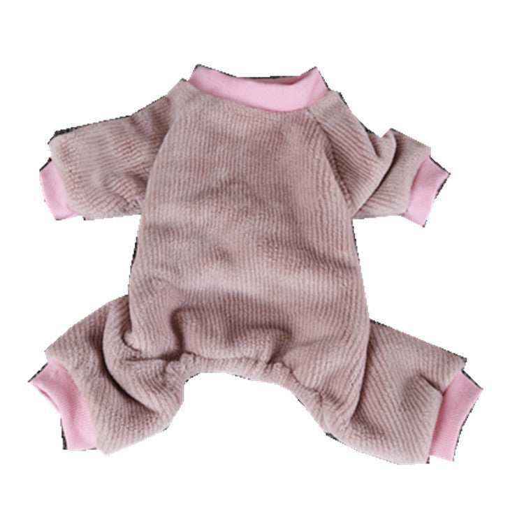 Soft pink ribbed pet jumpsuit with light pink cuffs and collar for small dogs or cats