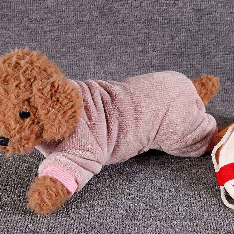 small brown curly dog wearing a pink cozy knitted sweater lying on gray carpet