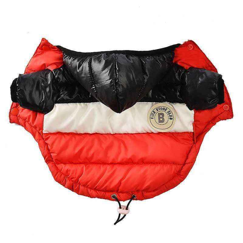 Red, white, and black padded dog jacket with hood and King Store Club logo patch