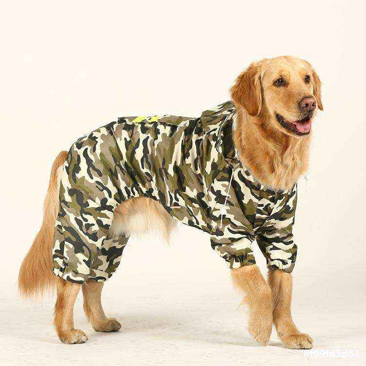 Golden retriever dog wearing camouflage full-body raincoat with hood against plain background