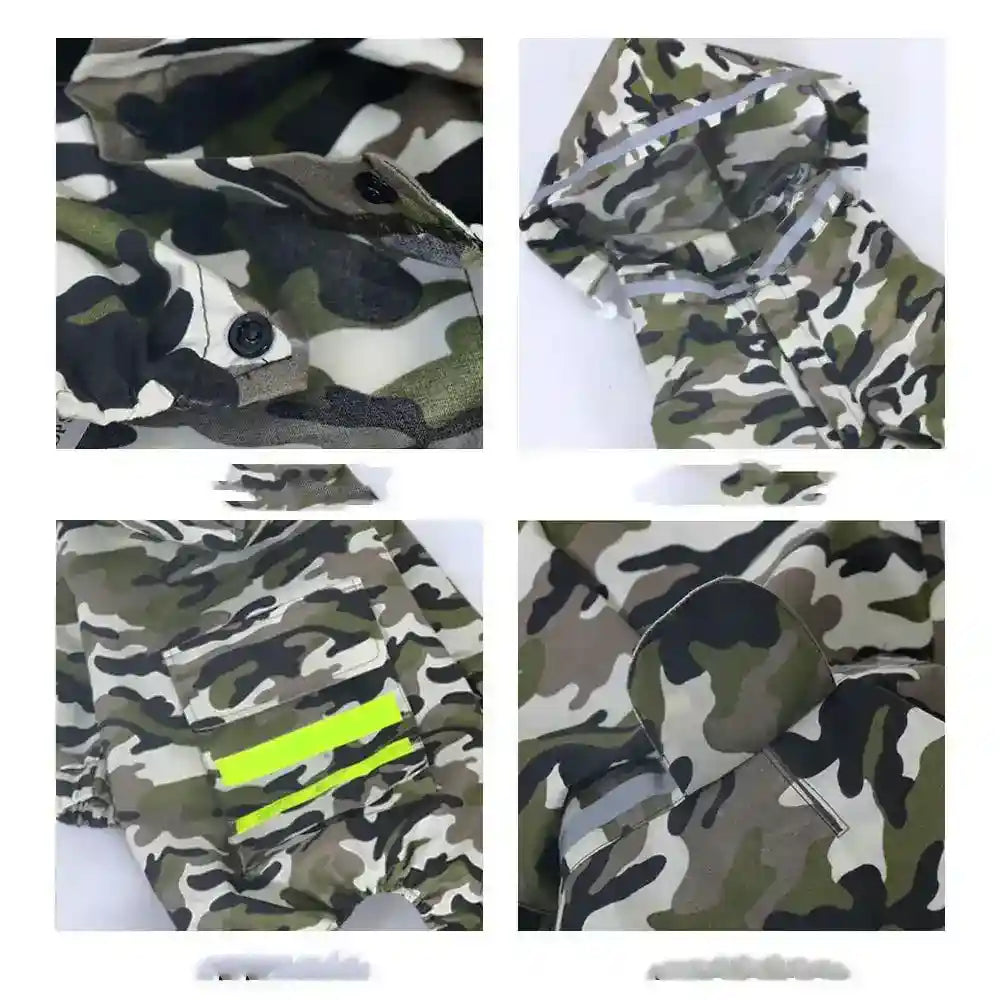 Camouflage patterned waterproof jacket with hood, reflective strips, and snap buttons, detailed close-ups
