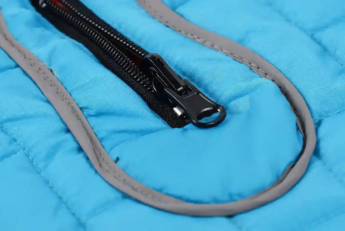 Close-up of black zipper on bright blue quilted jacket with gray trim stitching