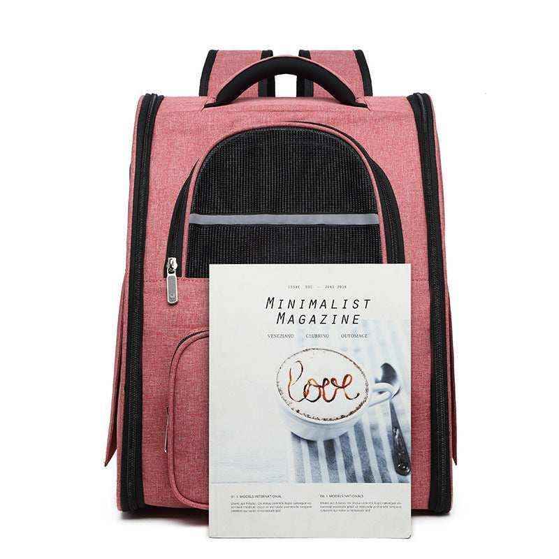 Pink and black pet carrier backpack with mesh window and minimalist magazine showing coffee cup with love art
