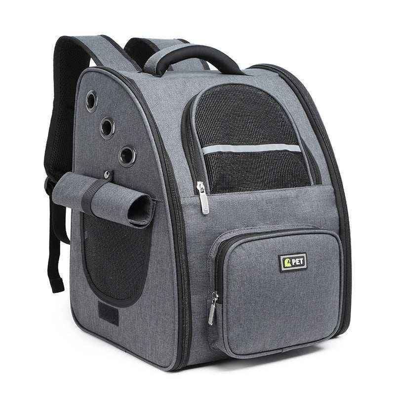 Gray pet carrier backpack with mesh ventilation panels, side holes, and front zipper pocket