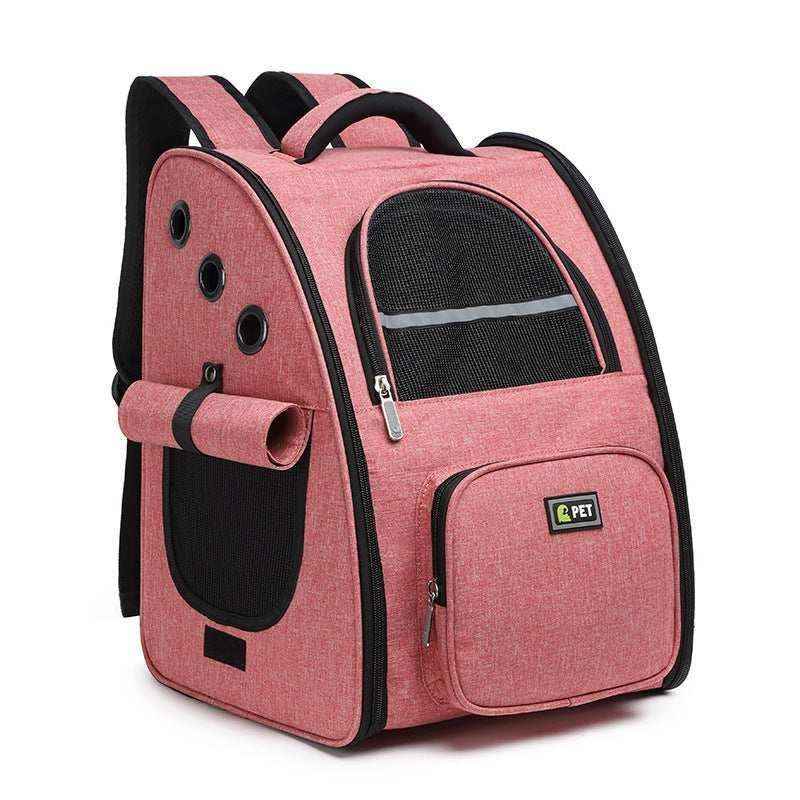 pink pet carrier backpack with mesh ventilation panels and front storage pocket
