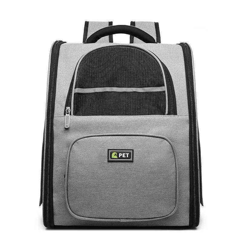 Gray pet backpack carrier with mesh ventilation and front zipper pocket for small animals