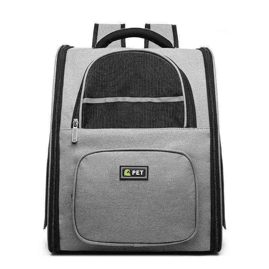 Gray pet backpack carrier with mesh ventilation and front zipper pocket for small animals