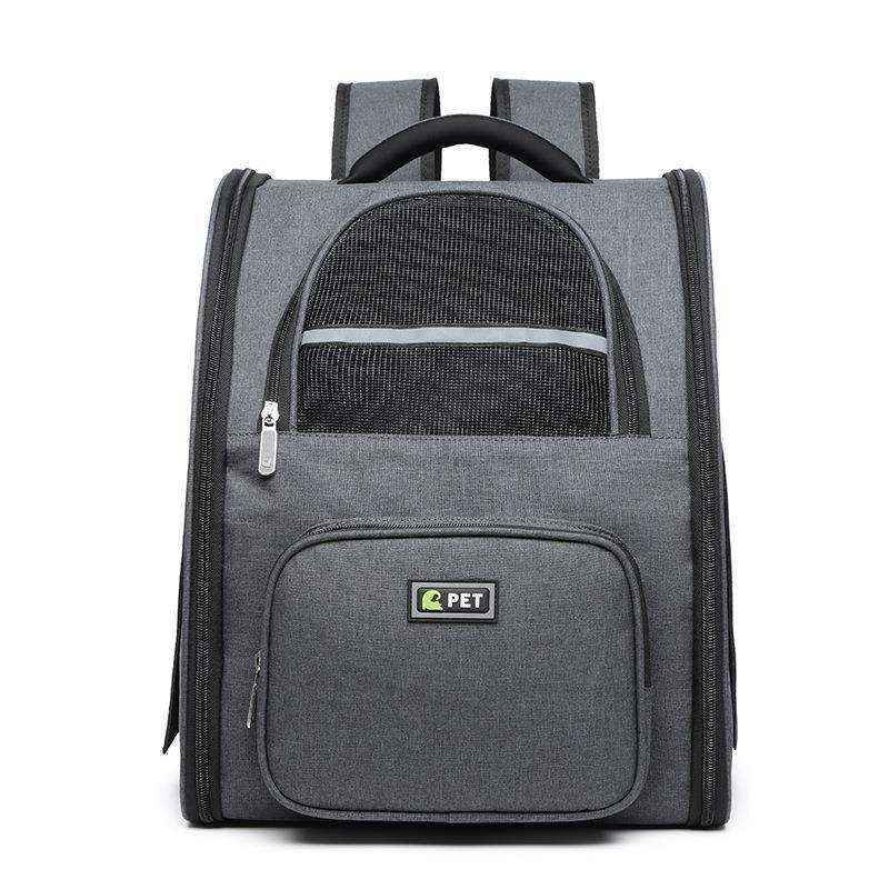 Gray pet carrier backpack with mesh ventilation window and front pocket labeled PET