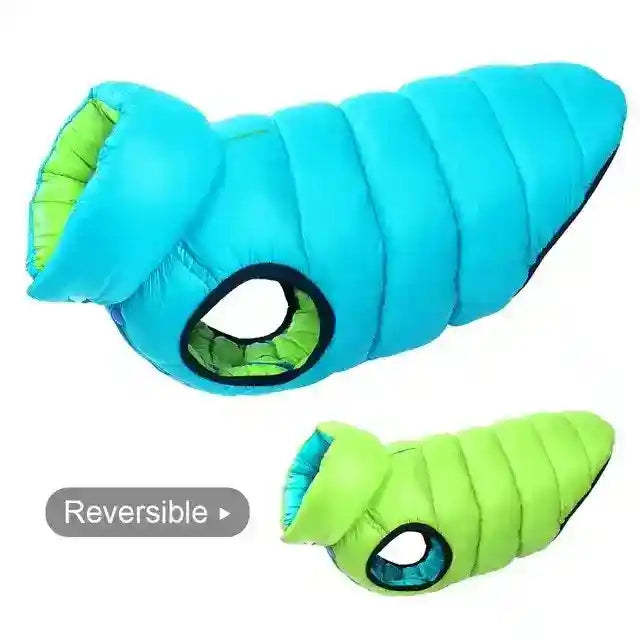 Reversible turquoise and green puffer pet sleeping bag with side hole and pillow