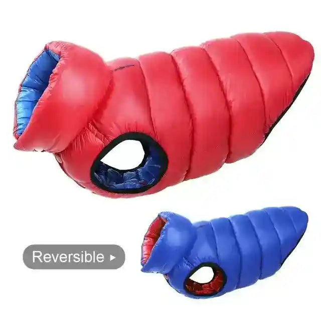 Reversible red and blue insulated pet sleeping bags with circular openings, padded for comfort