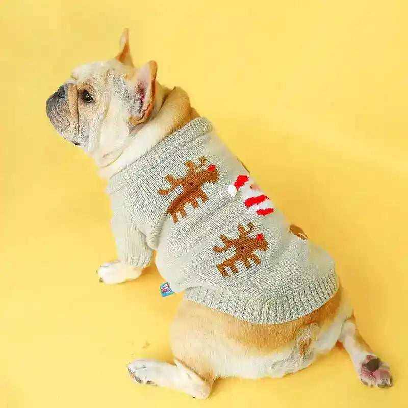Maglione Natalizio per Cani Bulldog con Ricamo di Renne - Eleganza e Calore per il Tuo Amico a Quattro Zampe by Dog Moda