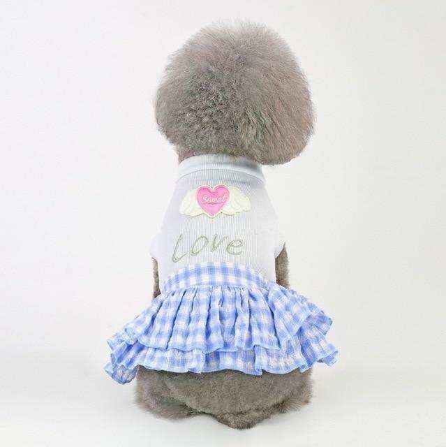 Small gray poodle wearing white top with pink heart and blue checkered skirt dress