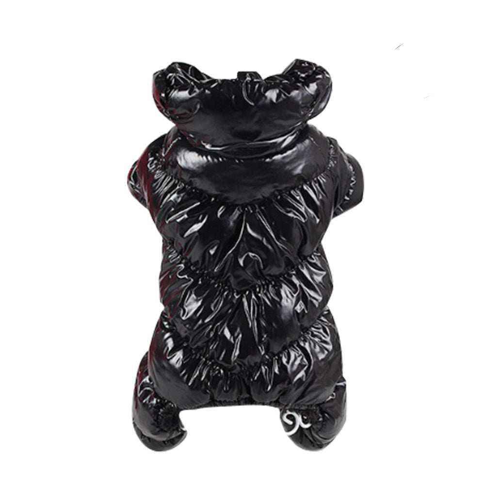 shiny black puffer pet jacket with hood designed for small dogs
