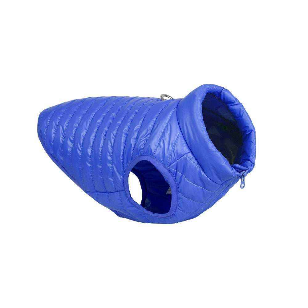 Blue quilted dog jacket with zip and armholes for small pets winter wear