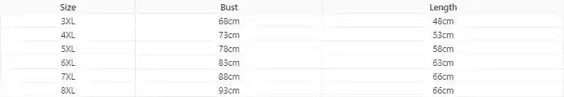Size chart for 3XL to 8XL with bust and length measurements in centimeters