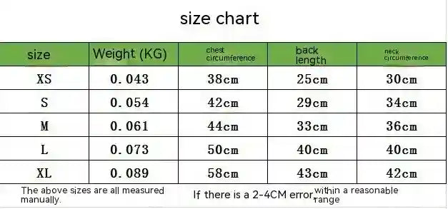 Size chart table showing pet clothes measurements from XS to XL with weight, chest circumference, back length, and neck circumference