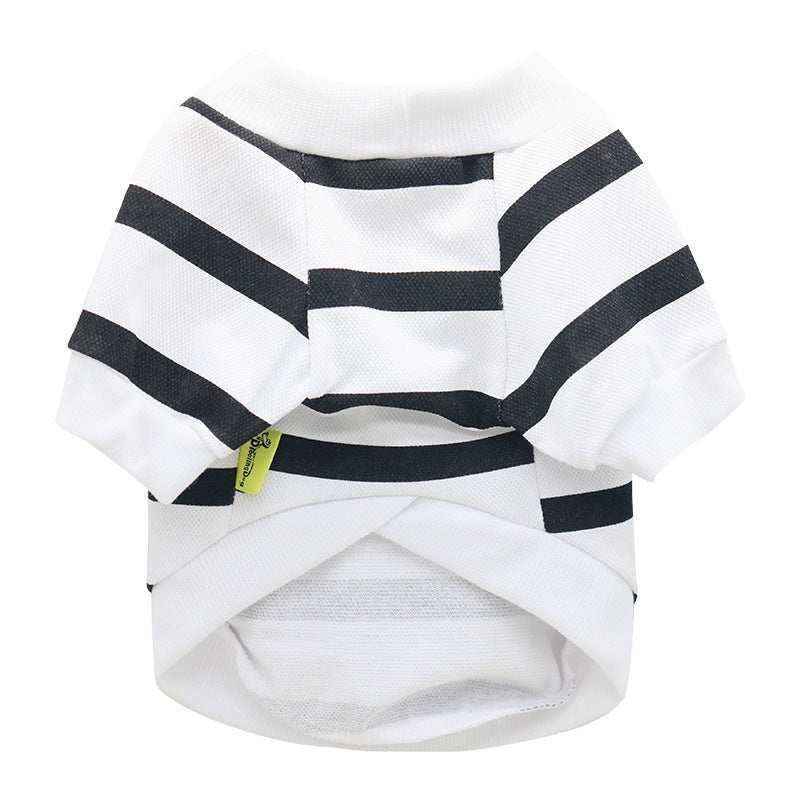 White and black striped small pet sweater with short sleeves and a yellow tag