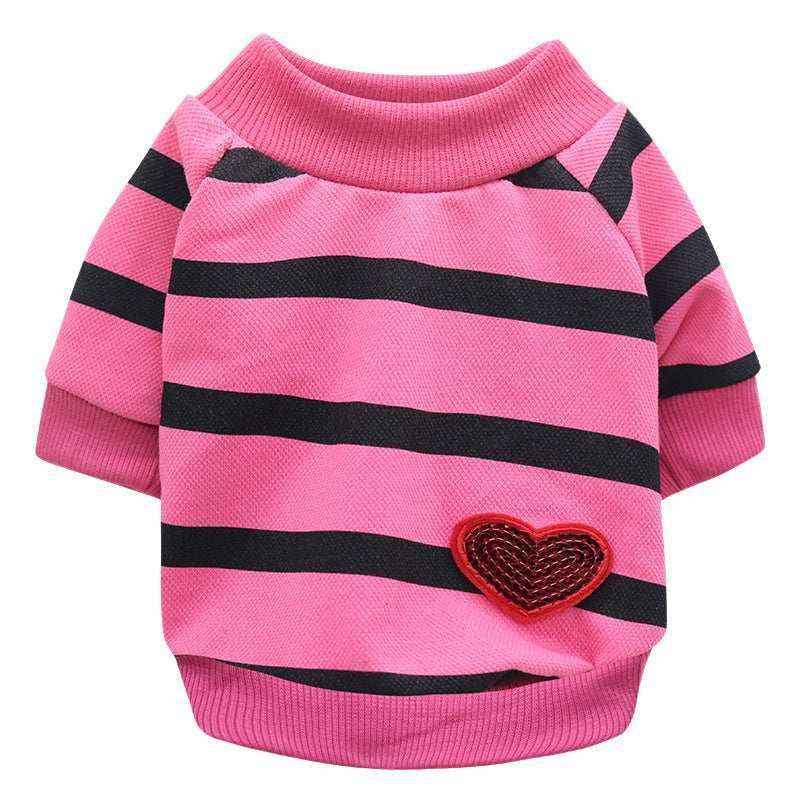 Pink pet sweater with black horizontal stripes and red heart patch, ribbed collar and cuffs