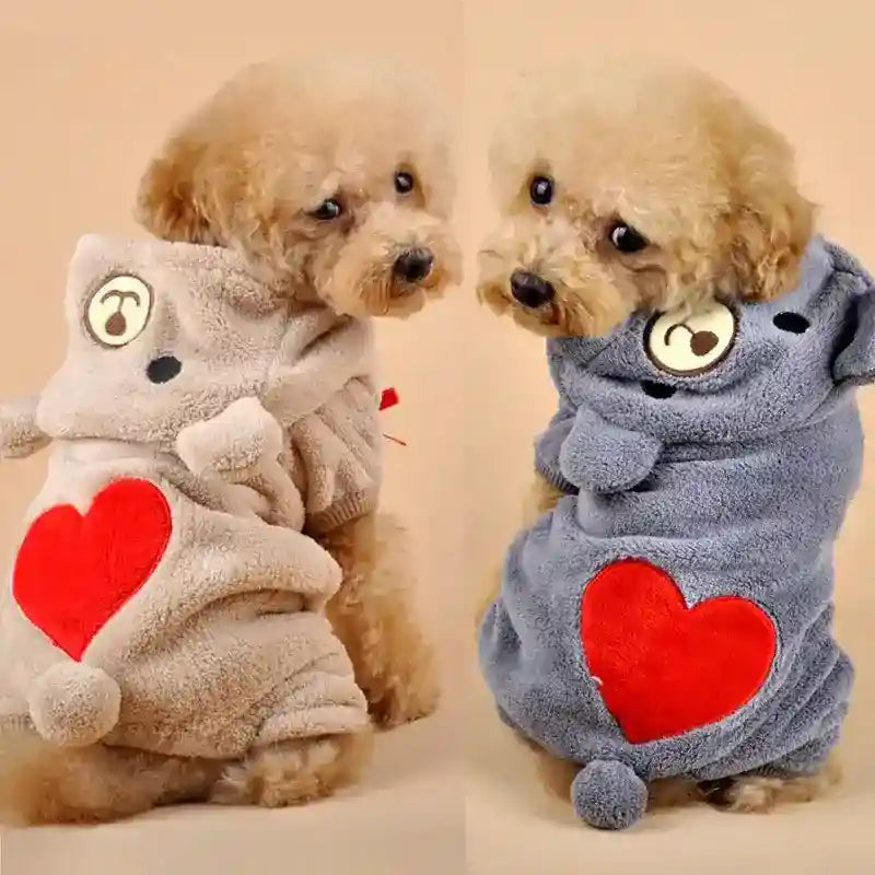 Small poodle dogs wearing cozy fleece hoodies with red heart designs on the back