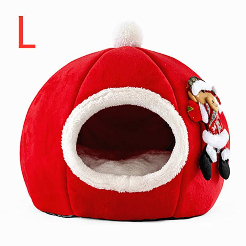 Round Christmas Cat and Dog House with Fleece Entrance and Removable Cushion