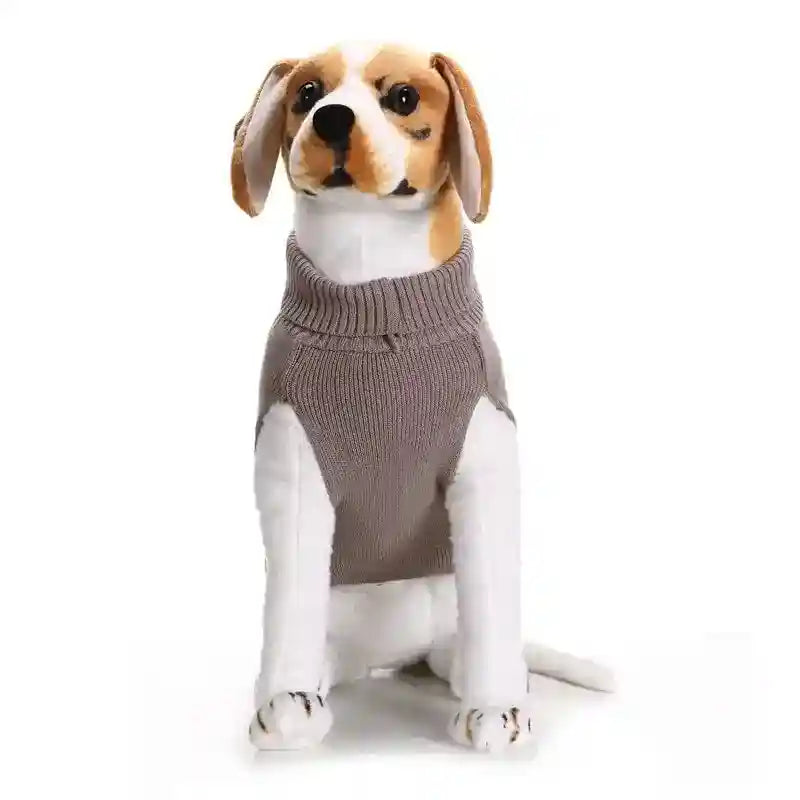 Dog mannequin wearing a gray ribbed knit turtleneck sweater on white background
