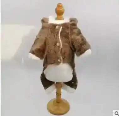 Brown faux fur dog coat with white trim displayed on wooden mannequin against plain background