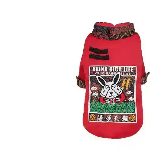 Red dog jacket with China Rich Life graphic and black decorative knots