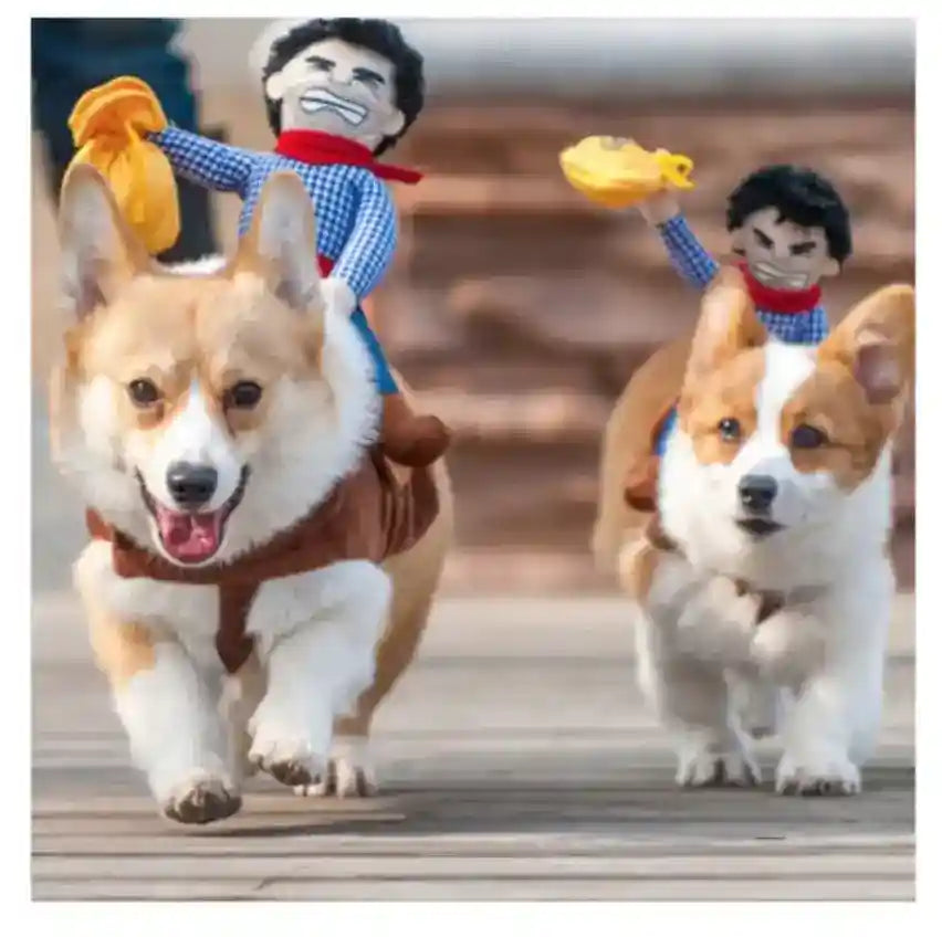 Two corgi dogs wearing cowboy rider costumes with plush cowboy dolls holding yellow hats