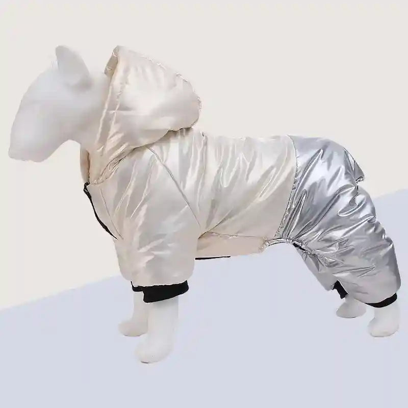 dog mannequin wearing shiny silver and cream padded dog jacket with hood and short sleeves