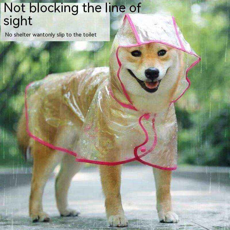 Shiba Inu dog wearing a transparent raincoat with pink trim standing outdoors in rain