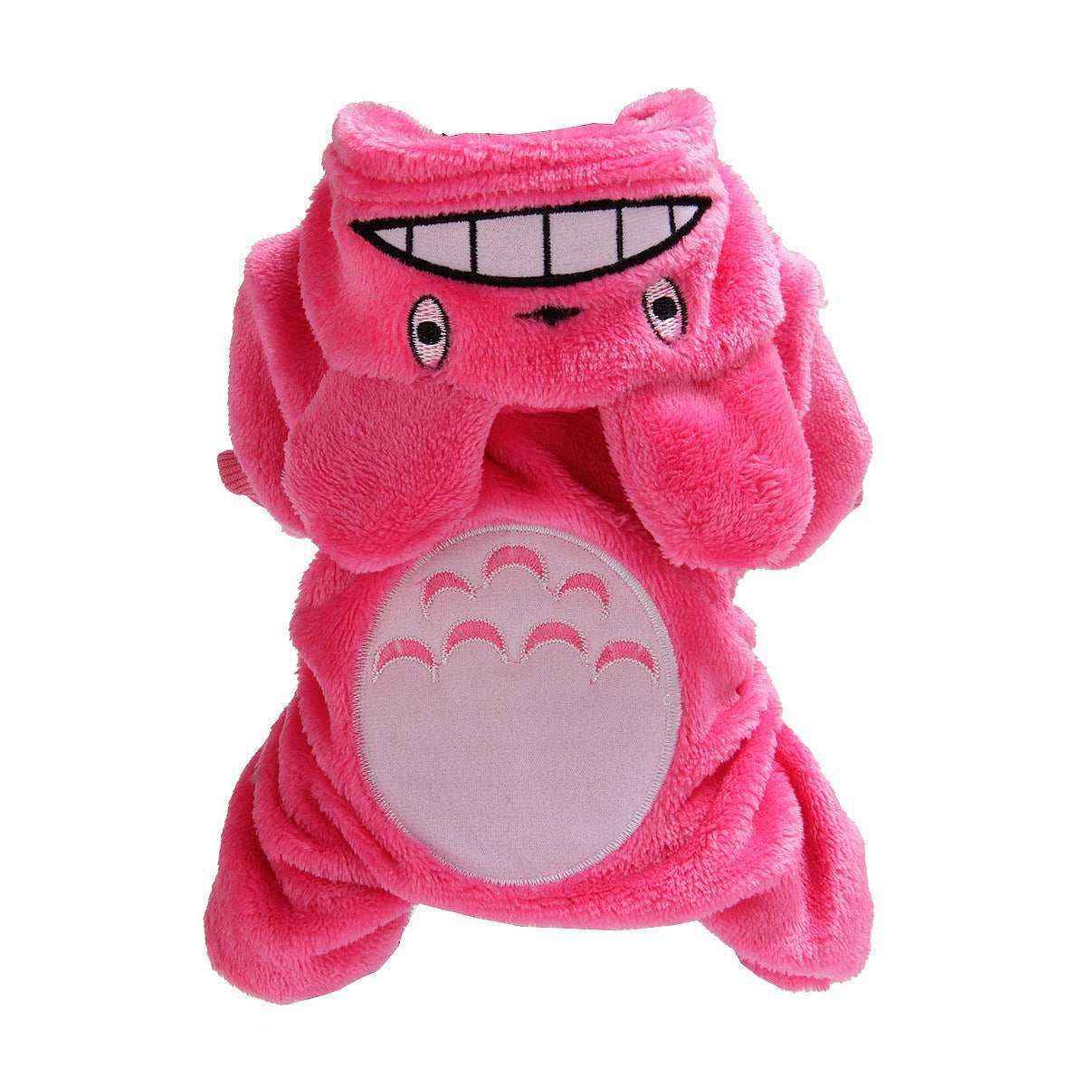 Pink plush animal hoodie with smiling face and embroidered belly design on white background