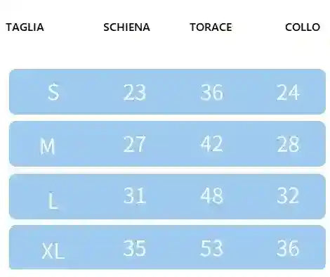 Blue size chart table showing measurements for sizes S to XL with columns for back, chest, and neck in centimeters
