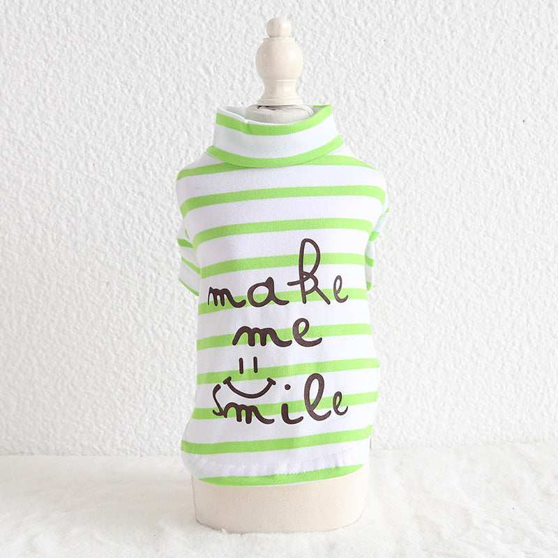 Dog T-shirt: Pure white cotton with colorful stripes "Make me smile"