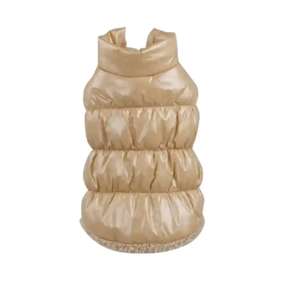 Beige shiny padded pet jacket with high collar and sherpa lining