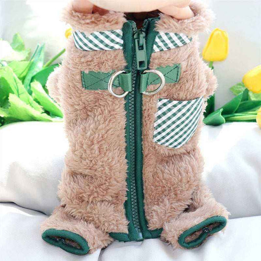 Brown fluffy pet jacket with green zipper and checkered green-white accents on pocket and collar