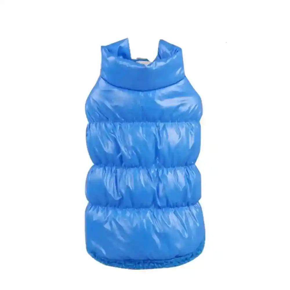 Blue shiny puffer vest with high collar, sleeveless winter outerwear