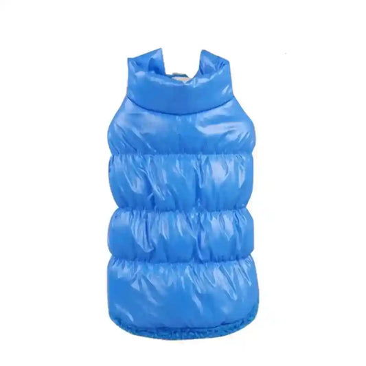 Blue shiny puffer vest with high collar, sleeveless winter outerwear