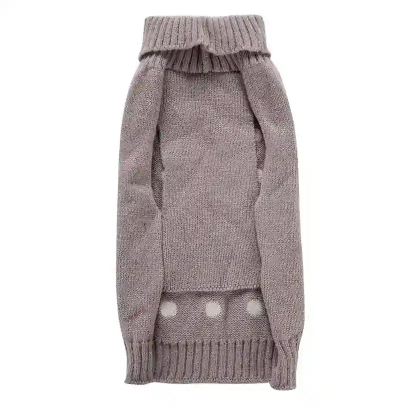 Gray knitted turtleneck dog sweater with armholes and polka dot pattern on white background