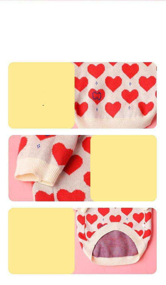 Close-up views of a beige knit sweater with red hearts pattern and ribbed cuffs on pink background