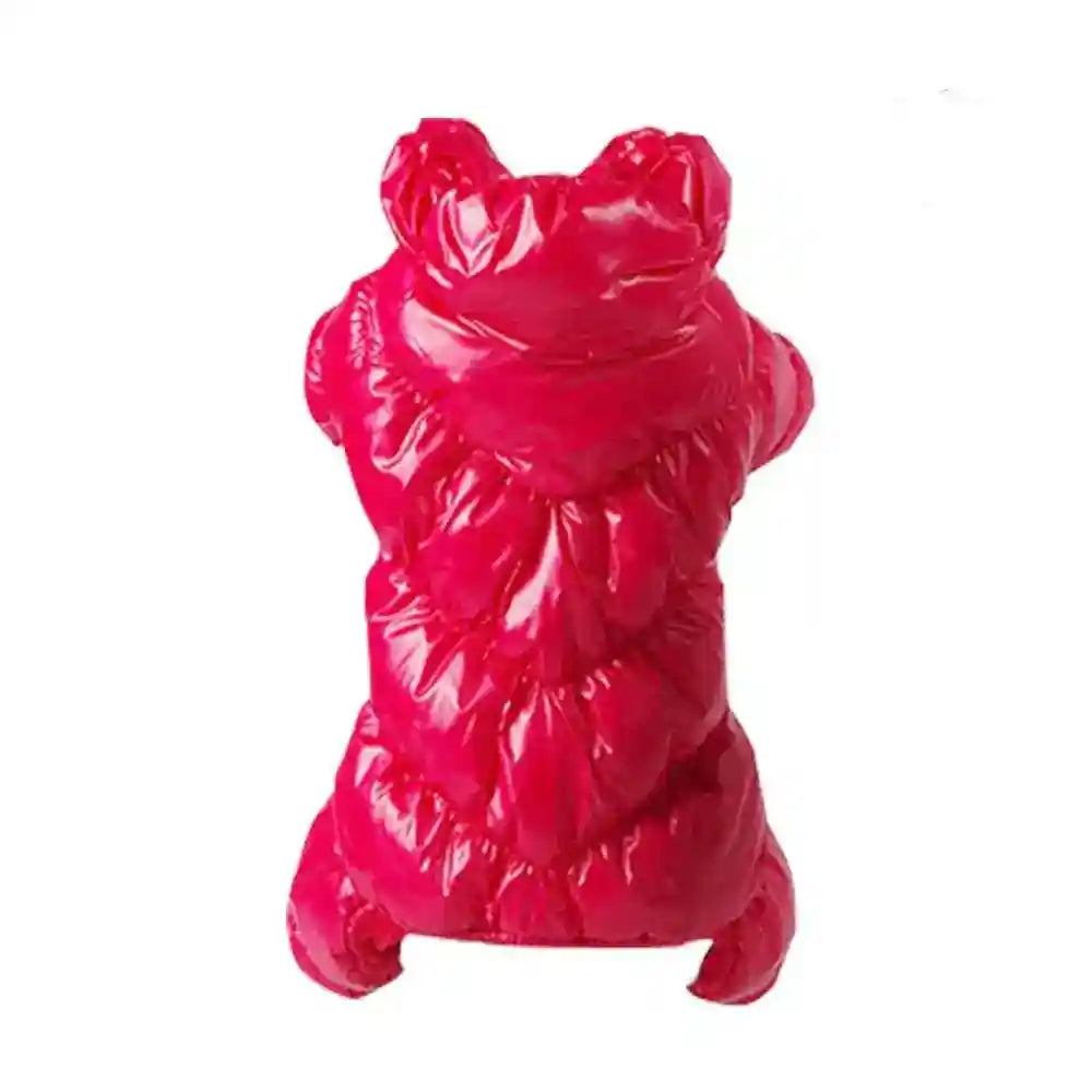 Bright pink shiny puffer dog jacket with hood and ear-shaped accents