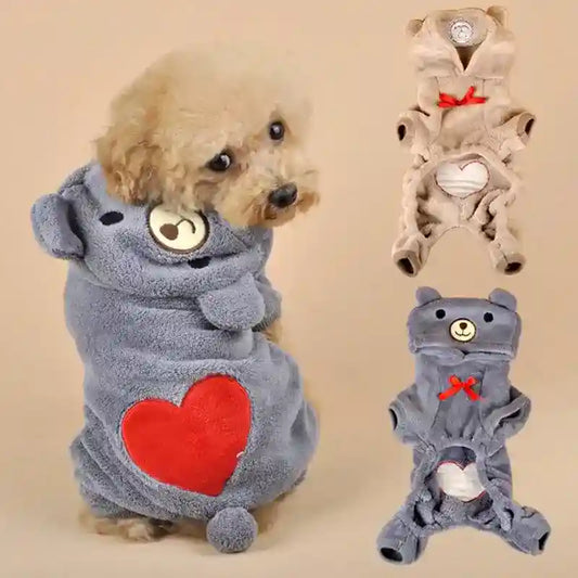 Small dog wearing cozy gray bear hoodie with red heart and ears, plus beige and gray bear pet clothes