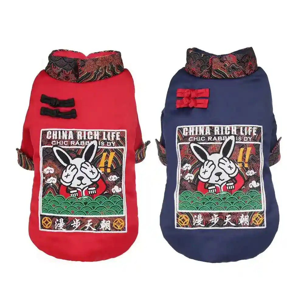Red and navy pet jackets with embroidered rabbit and China Rich Life text, decorative collar and bows