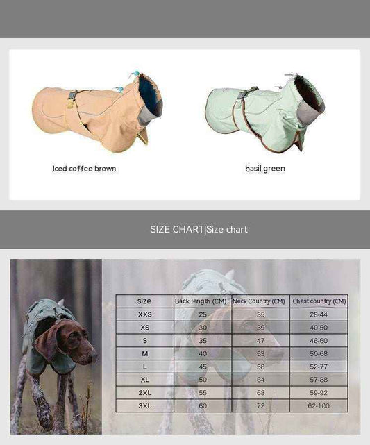 Iced coffee brown and basil green dog coats with buckles plus size chart for dog back, neck, and chest measurements