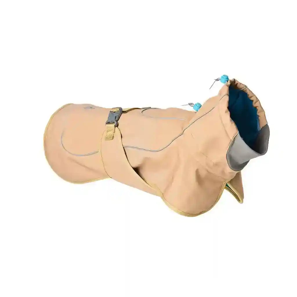Beige waterproof dog raincoat with adjustable hood and reflective trim, isolated on white